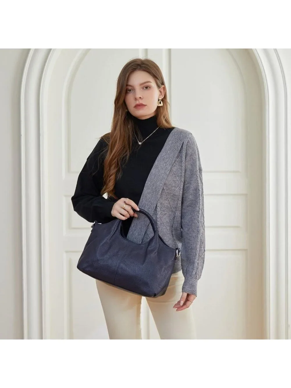 Women's Navy Blue Genuine Leather Shoulder Satchel Designer Crossbody Hobo Bags